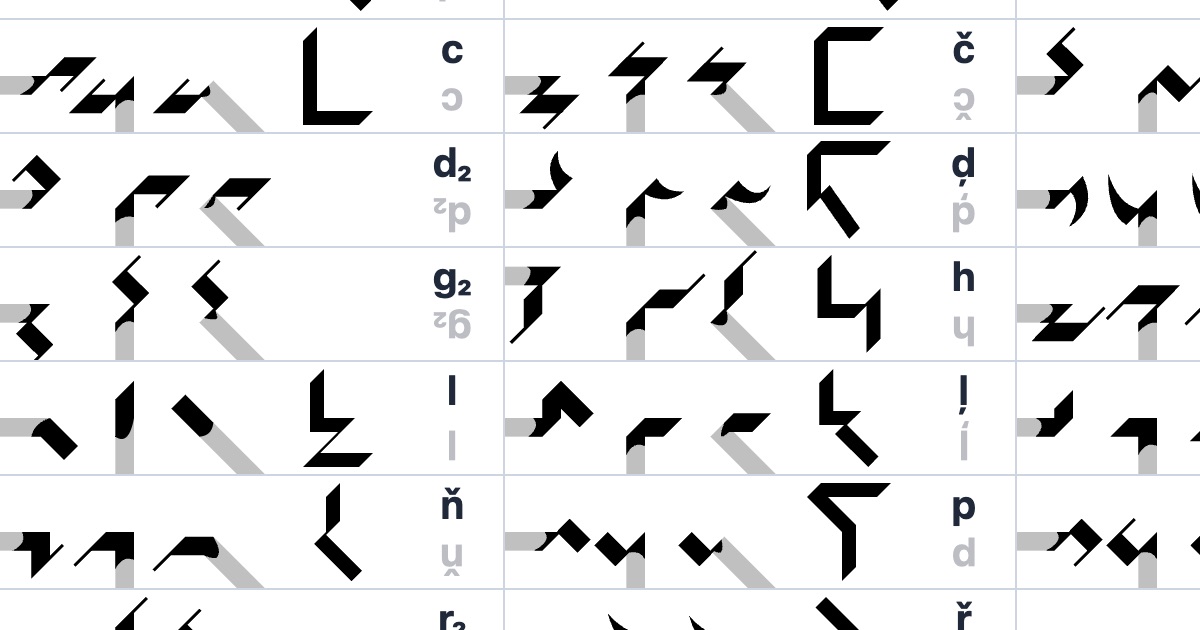 A screenshot of the Ithkuil Script Cheat Sheet showing the extensions and core shapes for the letters C, Č, D2, Ḑ, G2, H, L, Ļ, Ň, and P.